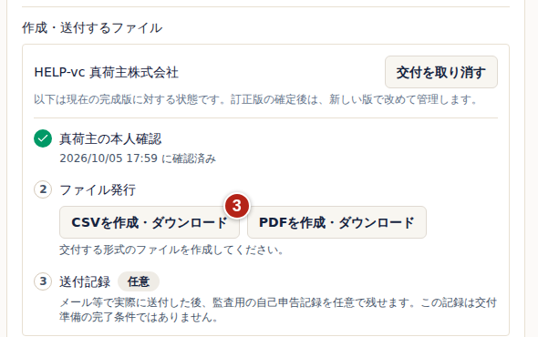 作成・送付するファイル。真荷主の本人確認は確認済み、番号3はファイル発行のCSVを作成・ダウンロード。送付記録は任意と表示されている