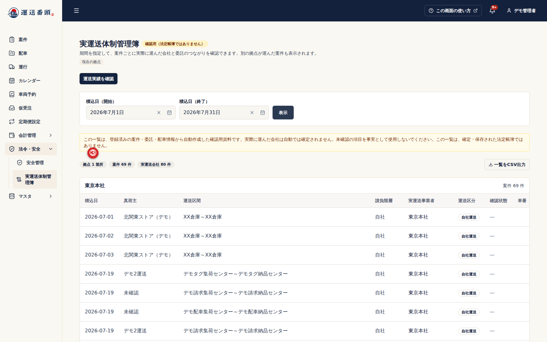 実運送体制一覧の集計と拠点別の表