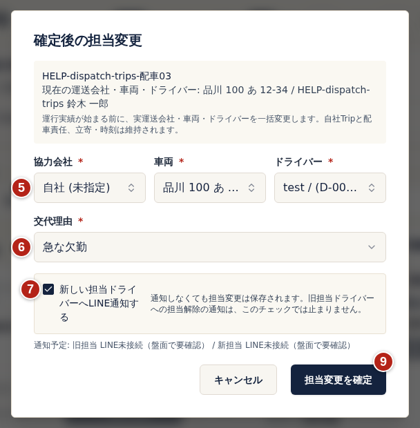 確定後の担当変更。番号5で協力会社・車両・ドライバーを選び、番号6で交代理由、番号7で新しい担当ドライバーへLINE通知するを確認し、番号9の担当変更を確定を選ぶ