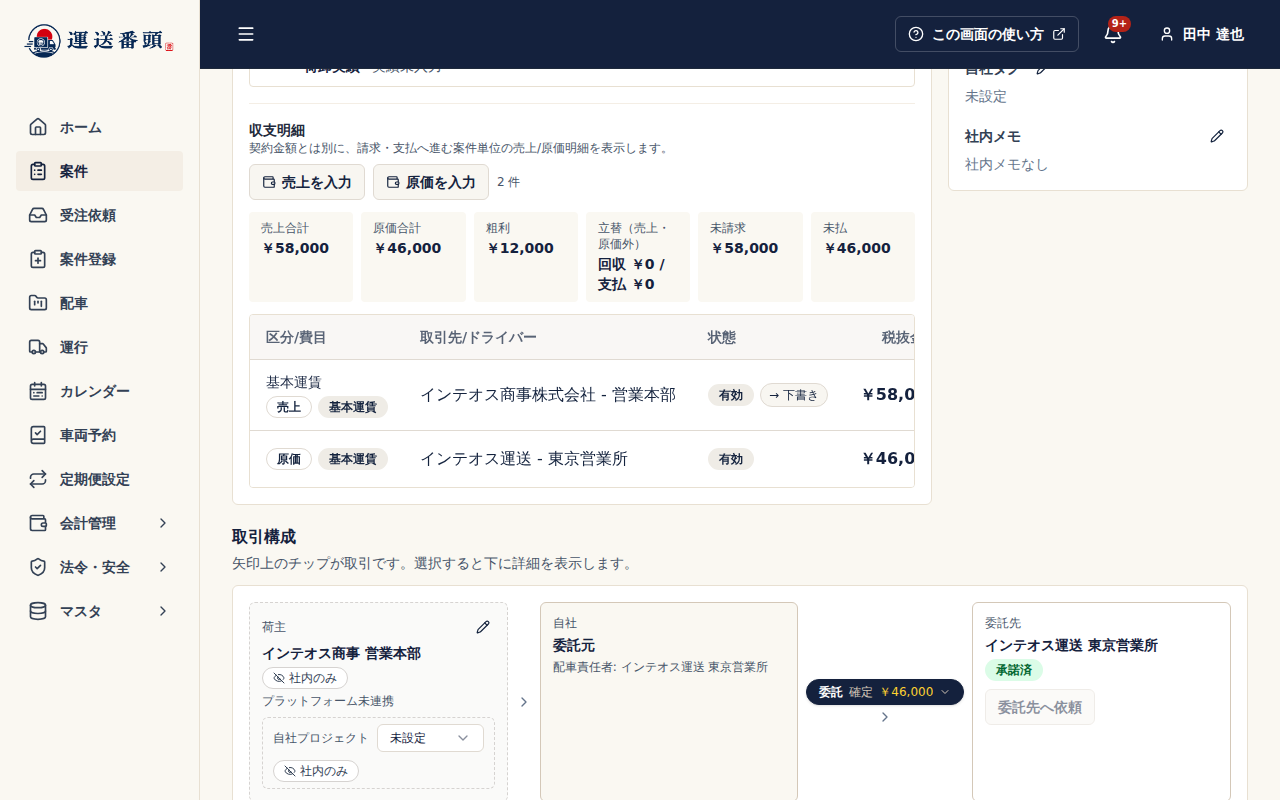 元請の画面。同じ案件でも、貴社の原価と粗利は表示されない