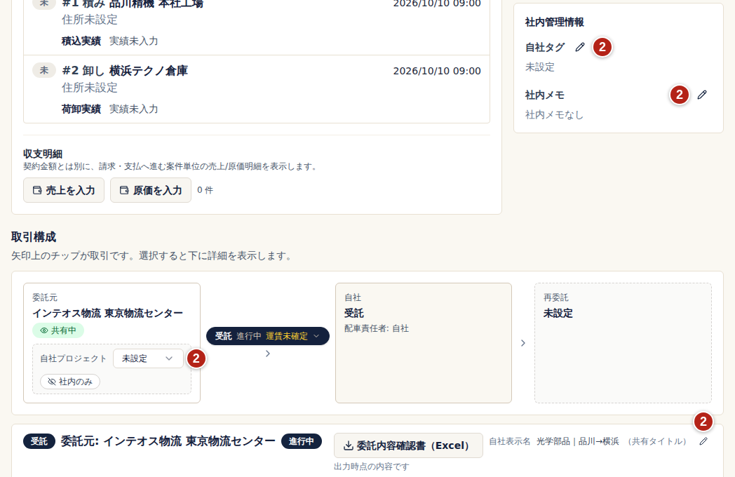 受託した案件の案件詳細。番号2は社内管理情報の自社タグ・社内メモの編集ボタン、取引構成の委託元欄にある自社プロジェクト、取引の詳細にある自社表示名の編集ボタン