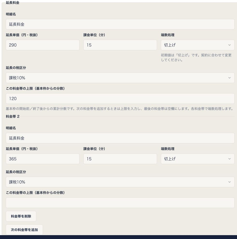 延長料金の設定例。最初の120分は15分あたり290円、それ以降は15分あたり365円、どちらも切上げで設定している