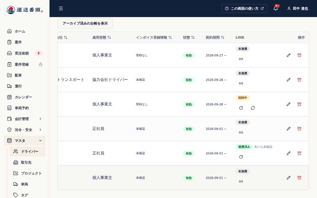 ドライバー一覧を右へスクロールしたLINE欄。「連携済み」でも「友だち未確認」の行があり、友だち状態まで確認する